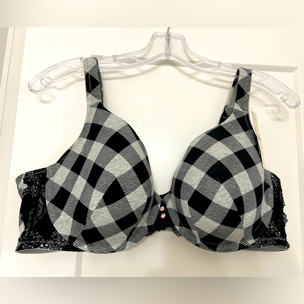 NWT 44B Cacique buffalo check plaid black and gray cotton tshirt bra